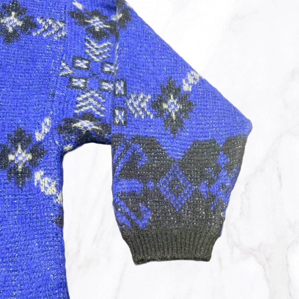 Vintage Benetton Italy Blue Nordic Mohair Blend Mockneck Sweater, Size L - Picture 5 of 10